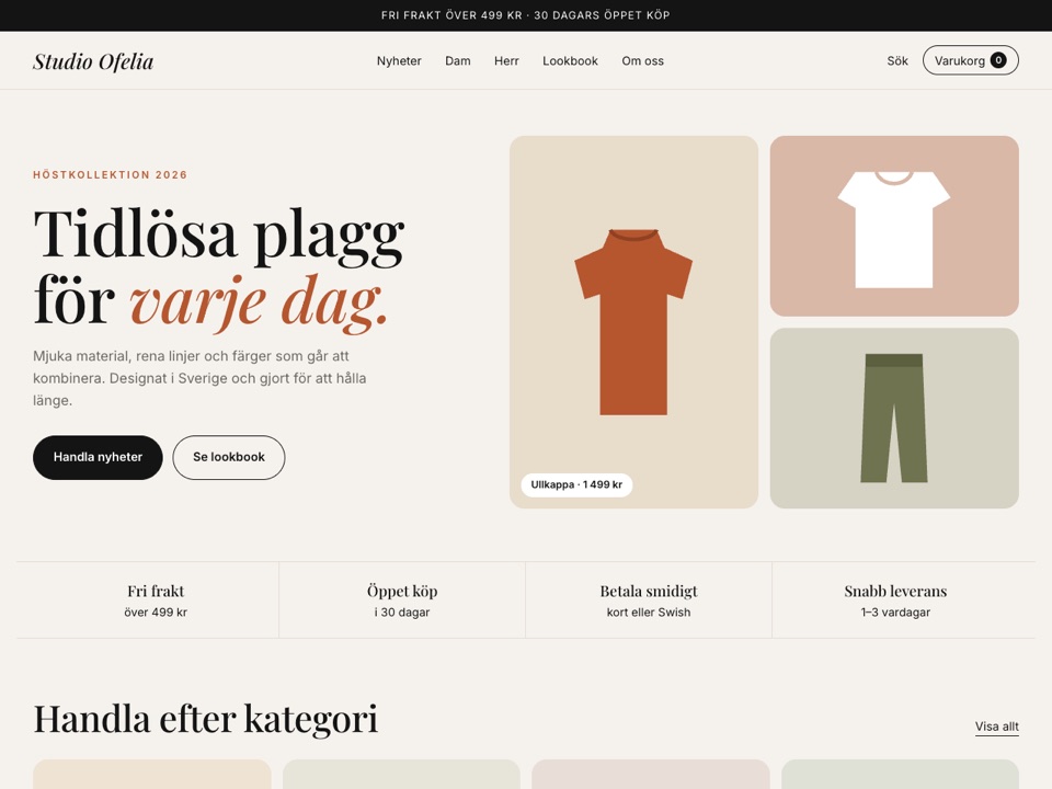 Exempel på hemsida för en klädbutik